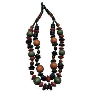 Vintage Wood Beaded Necklace Retro Multicolored Long Chunky Double Stran…